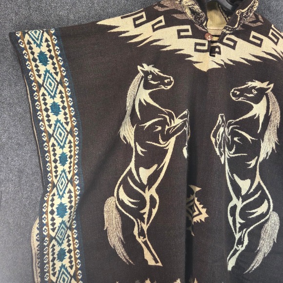 Southwestern Horse Hooded Poncho Blanket Shawl Fringe Cape Western Aztec Boho - Picture 3 of 16